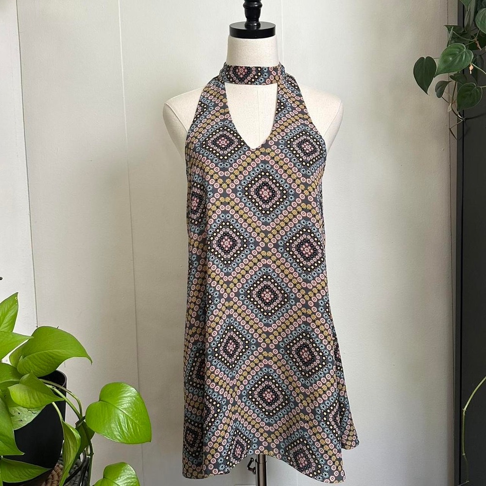 Olivacious Floral Geometric Halter Mini Dress Cut Out Pink Blue Small